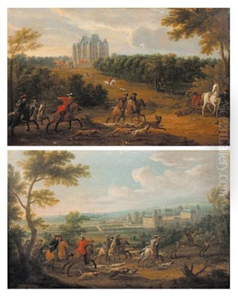 Chasse Aux Loups Pres Du Chateau De Madrid Dans Le Bois De Boulogne (+ Chasse Au Cerf Dans Le Bois De Vincennes, Smllr; 2 Works) Oil Painting by Jean-Baptiste Martin the Elder