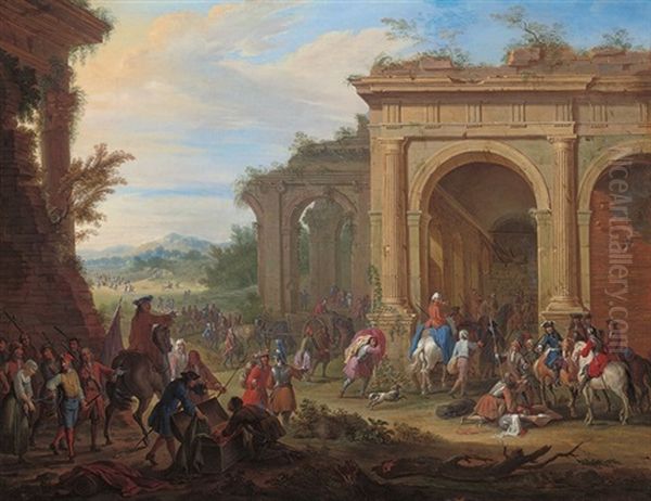 Soldiers Dividing The Spoils Of War By Classical Ruins Oil Painting by Jean-Baptiste Martin the Elder