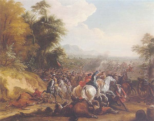 A Cavalry Skirmish Oil Painting by Jean-Baptiste Martin the Elder