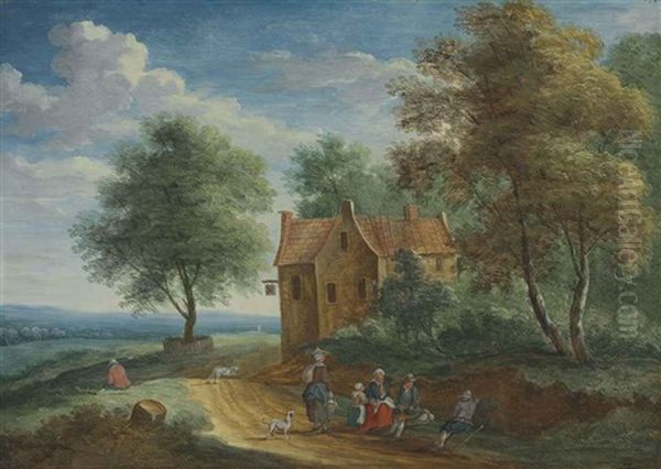 Two Travellers Resting Near A River (+ Peasants Sitting By A Roadside With A Cottage Beyond; Pair) Oil Painting by Andreas Martin