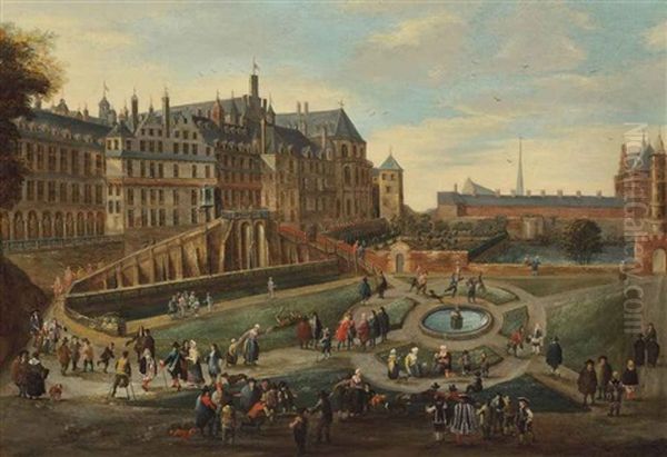 A View Of The Royal Court At Brussels With Figures Conversing In The Palace Garden Oil Painting by Andreas Martin