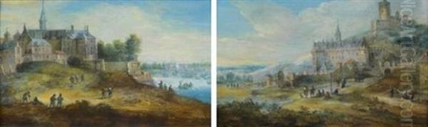 Paysage Avec Le Chateau De La Roche Guyon (+ Paysage A L'abbaye; Pair) Oil Painting by Andreas Martin