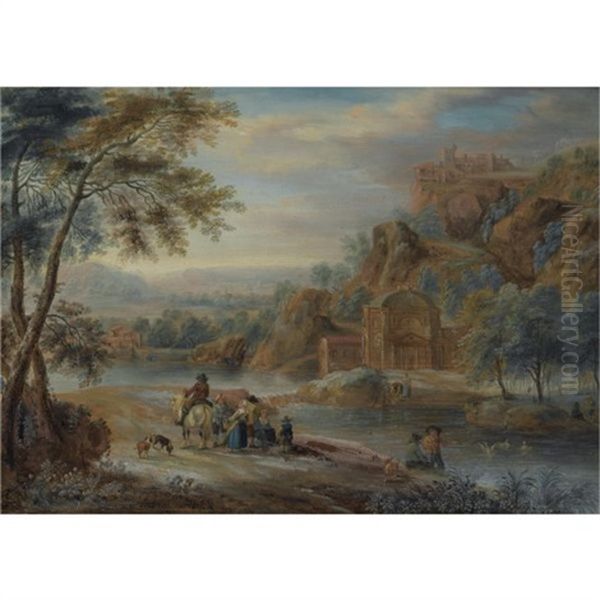 A Mountainous River Landscape With Figures Conversing On A Path, Near A Classical Building Oil Painting by Andreas Martin