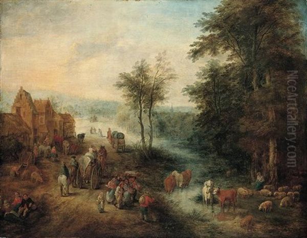 A Village Scene With Waggoners On A Road And Boors Watering Their Cattle In A River Oil Painting by Andreas Martin