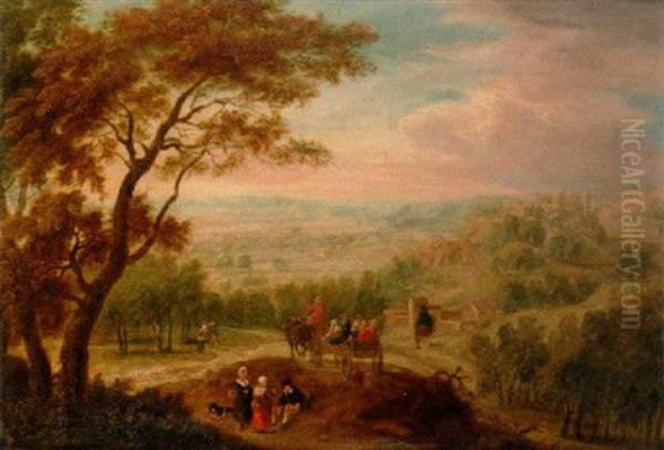 An Extensive Wooded Landscape With Travellers In The Foreground, A Castle On A Hill Beyond Oil Painting by Andreas Martin