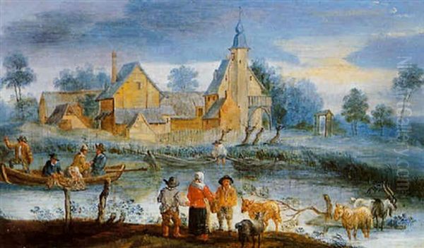 A River Landscape With Fishermen And Farmers In Front Of A Village Oil Painting by Andreas Martin