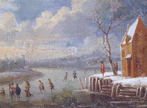 A Winter Landscape With Figures Skating On A Frozen River Oil Painting by Andreas Martin