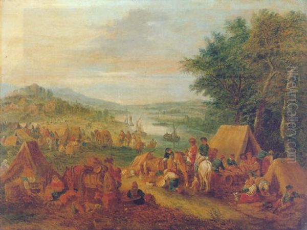 A Wooded River Landscape With Numerous Figures And Their Livestock In An Encampment Oil Painting by Andreas Martin