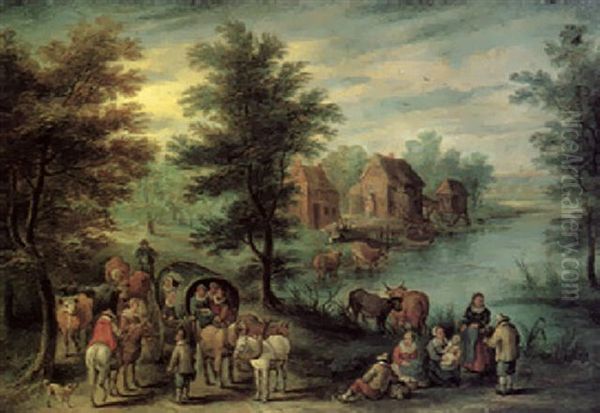 A Wooded Landscape With A Man Driving Cattle, A Horse-drawn Cart And Travellers Resting Near A River Oil Painting by Andreas Martin