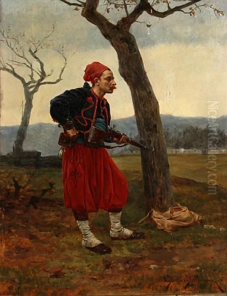 A French Zouave Holding His Rifle Oil Painting by Etienne Prosper Berne-Bellecour