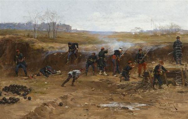 Battle In The Field Oil Painting by Etienne Prosper Berne-Bellecour