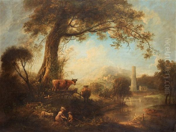 River Landscape With Fishermen Near A Tree Oil Painting by Elias Martin