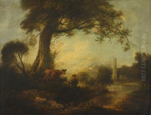 Sheep And Cows Under A Great Tree At The Edge Of A Stream Oil Painting by Elias Martin