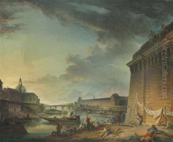 Vue De La Seine Et Du Louvre, Prise Depuis Le Vert Galant, Sous Le Pont Neuf Oil Painting by Elias Martin