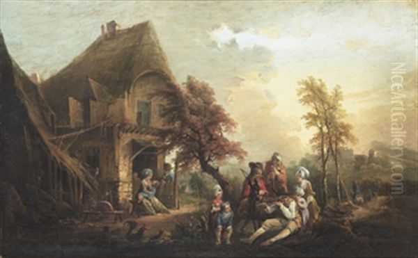 Landskap Med Hus Och Musicerande Sallskap Oil Painting by Elias Martin