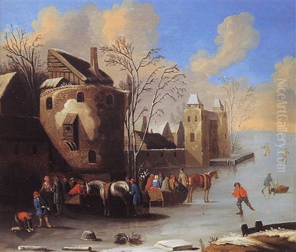 Patineurs Sur Un Lac Gele Pres D'une Forteresse Oil Painting by Elias Martin