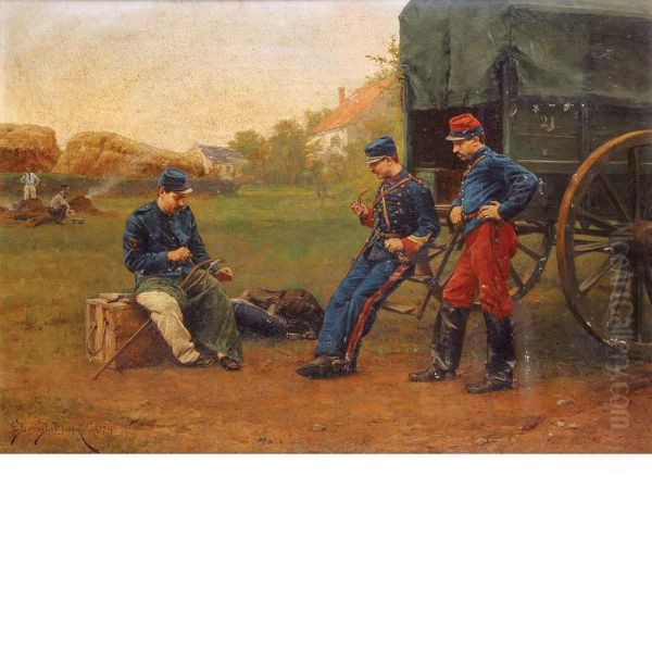 Soldiers Breaking Oil Painting by Etienne Prosper Berne-Bellecour