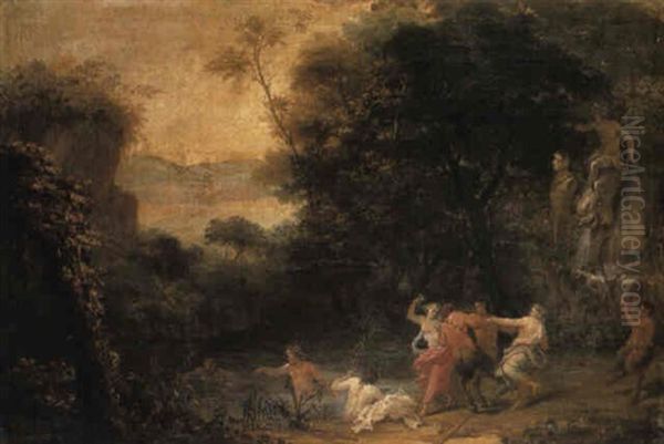 A Wooded Landscape With Cavorting Nymphs And Satyrs by Elias Martin