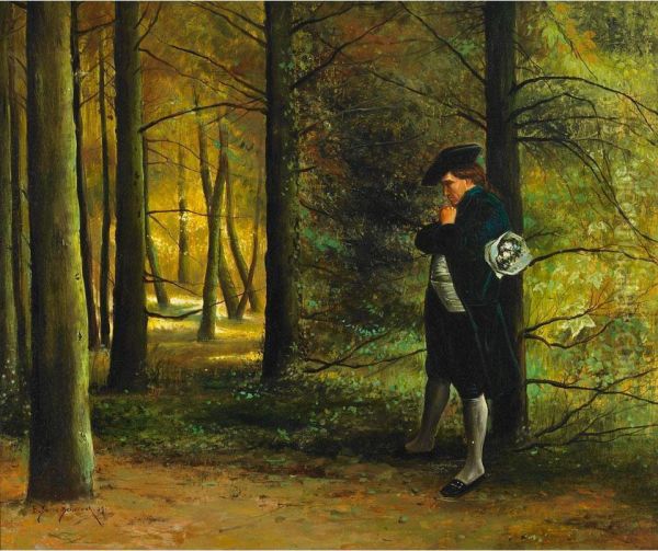 Gentleman Caller Waiting In A Forest Lane Oil Painting by Etienne Prosper Berne-Bellecour