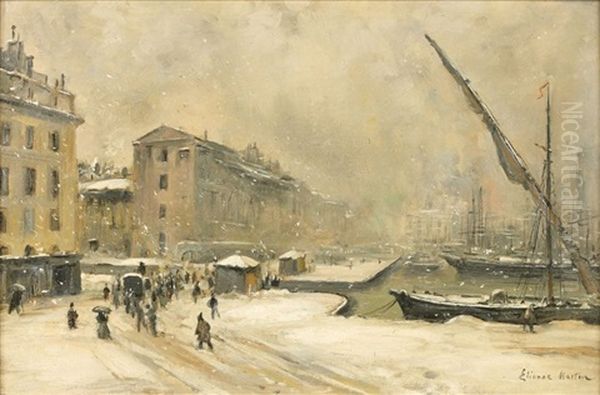 Port Sous La Neige Oil Painting by Etienne Philippe Martin