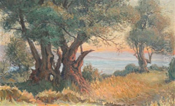 Les Grands Arbres, Bord De Mer Soleil Couchant Oil Painting by Etienne Philippe Martin