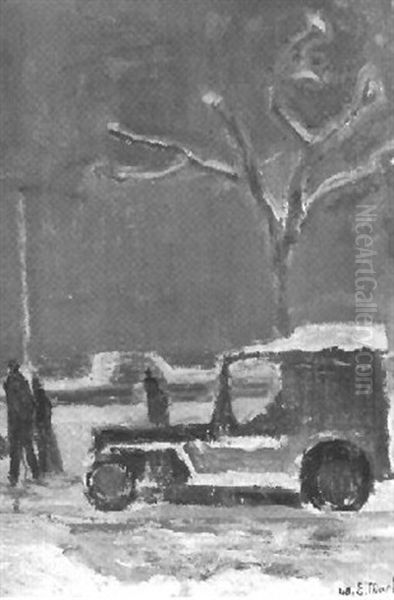 Winterliche Strassenszene Mit Auto Und Passanten Oil Painting by Eugene Louis Martin