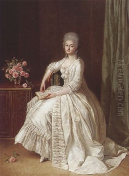 Portrait Of A Lady Seated Beside A Cabinet With A Vase Of Roses On Top, Holding A Book by Guillaume Martin