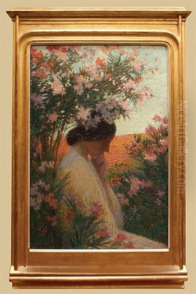 Portrait Of A Lady Seated Beside A Cabinet With A Vase Of Roses On Top, Holding A Book Oil Painting by Henri Jean Guillaume Martin