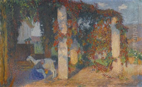 Jeune Fille Trayant Une Chevre Sous La Pergola De Marquayrol Oil Painting by Henri Jean Guillaume Martin