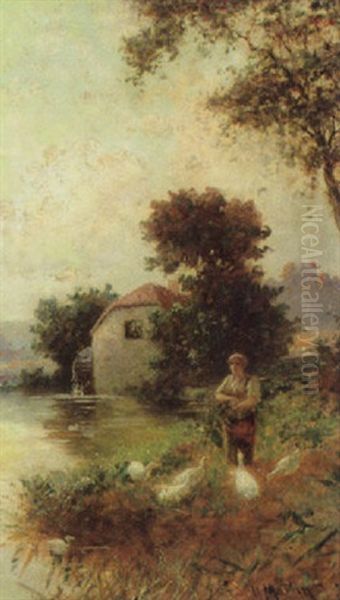 Gansemagd An Einem Teichufer Oil Painting by Henry Martin