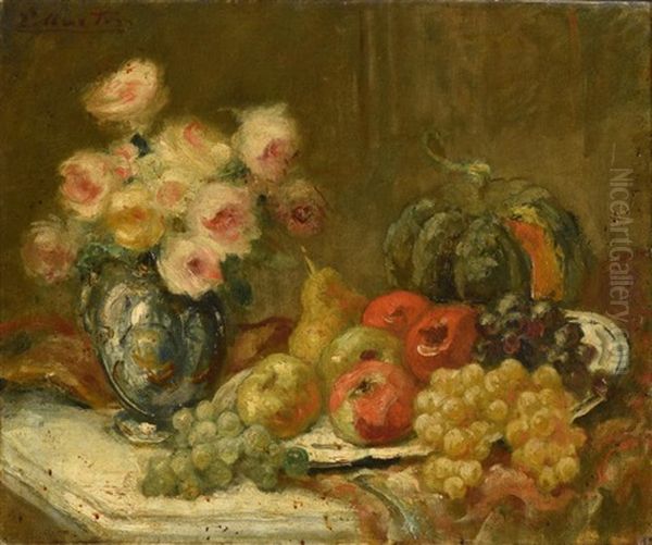 Nature Morte, Roses, Poires Et Fruits D'automne Oil Painting by Jacques Martin