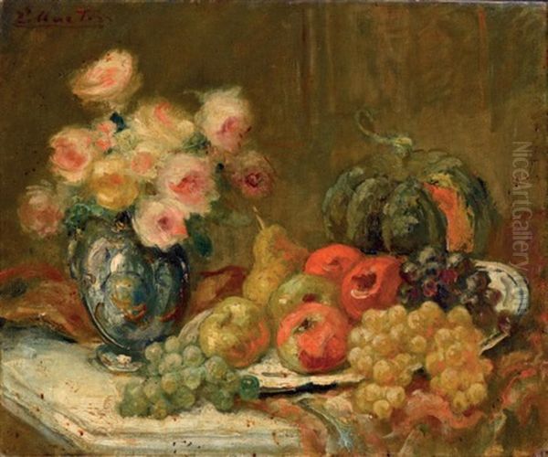 Nature Morte, Roses, Poires Et Fruits D'automne Oil Painting by Jacques Martin