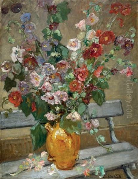 Bouquet De Roses Tremieres Sur Un Banc Oil Painting by Jacques Martin