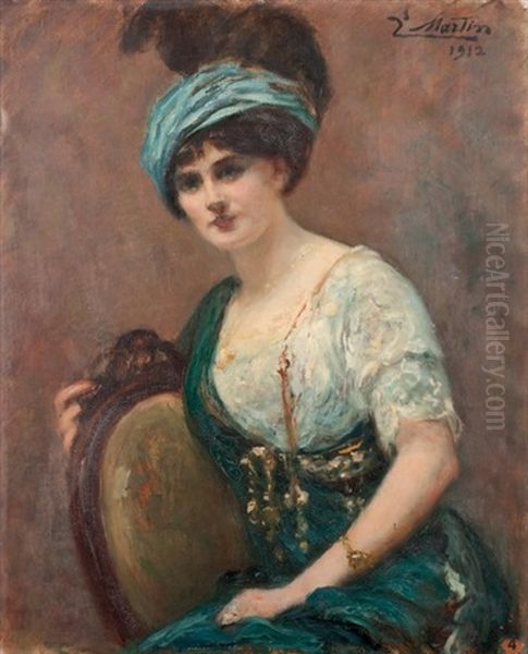 Portrait De Femme A La Robe Et Au Ruban Bleu by Jacques Martin