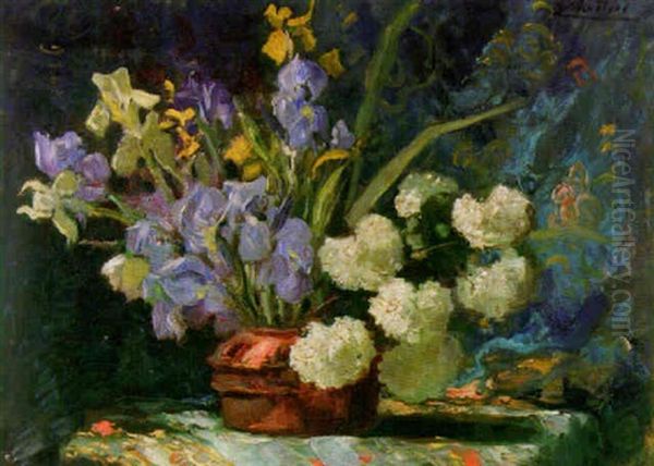 Pivoines Blanches Et Iris Bleus Oil Painting by Jacques Martin