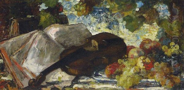 A Still Life Of Fruit And Violin Oil Painting by Jacques Martin