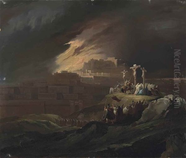 The Crucifixion, With The Burning Jerusalem Beyond Oil Painting by John Martin