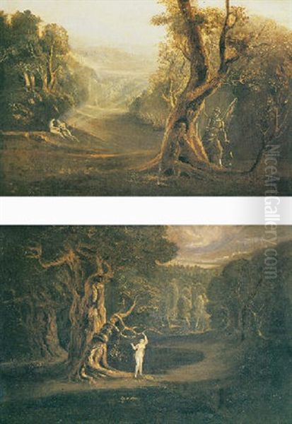 Satan Contemplating Adam And Eve In Paradise Oil Painting by John Martin