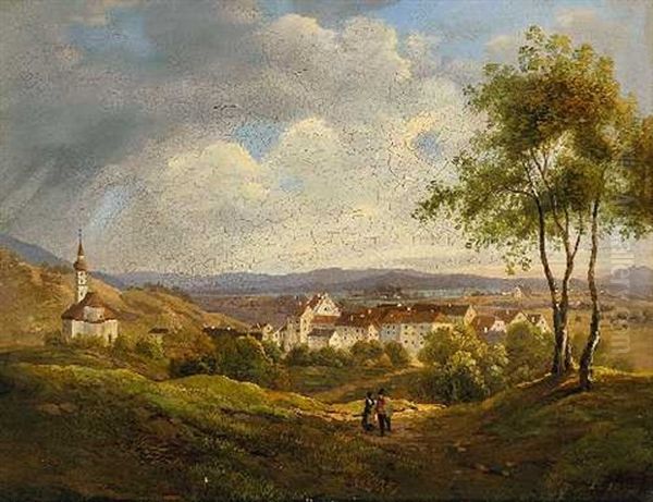 Oberbayerische Landschaft Mit Bauernpaar Oil Painting by Martin Martin