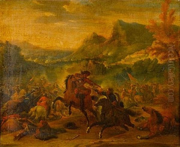 A Cavalry Battle In An Extensive Landscape (+ A Wounded Soldier Being Treated Beneath A Tree; Pair) Oil Painting by Pierre Denis Martin