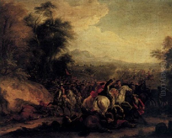 A Cavalry Engagement In A Landscape Oil Painting by Pierre Denis Martin