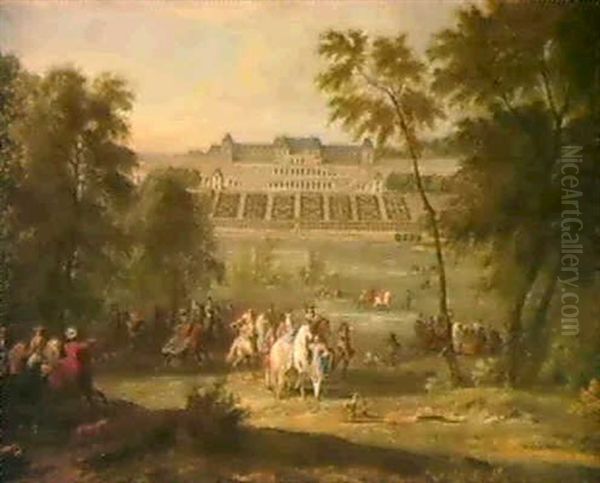 Vue Du Chateau De Saint Germain En                          Laye Avec Le Depart Pour La Chasse Oil Painting by Pierre Denis Martin