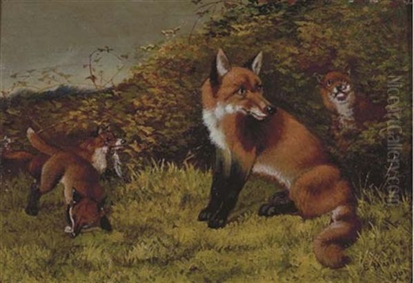 Mother Hound With Her Puppies (+ Mother Fox With Her Young; Pair) Oil Painting by Sylvester Martin