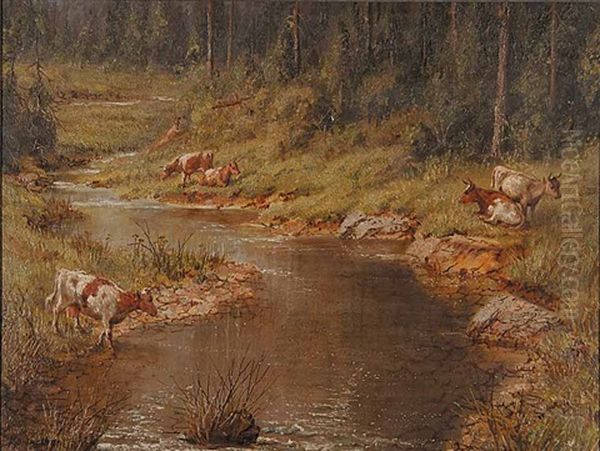 Untitled (cattle At A Stream) Oil Painting by Thomas Mower Martin