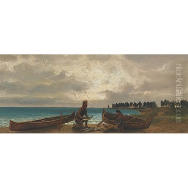 Indians Cleaning Fish On The Shore Oil Painting by Thomas Mower Martin