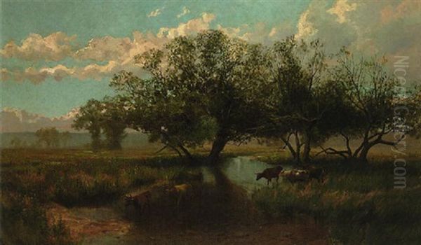 Cattle Watering At Pasture Stream Oil Painting by Thomas Mower Martin