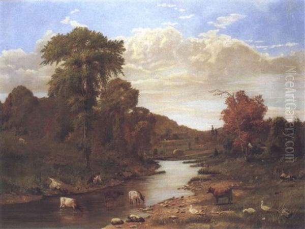 River Landscape With Grazing Cattle Oil Painting by Thomas Mower Martin