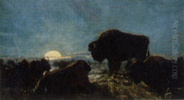 Buffalo At Moon Rise Oil Painting by Thomas Mower Martin