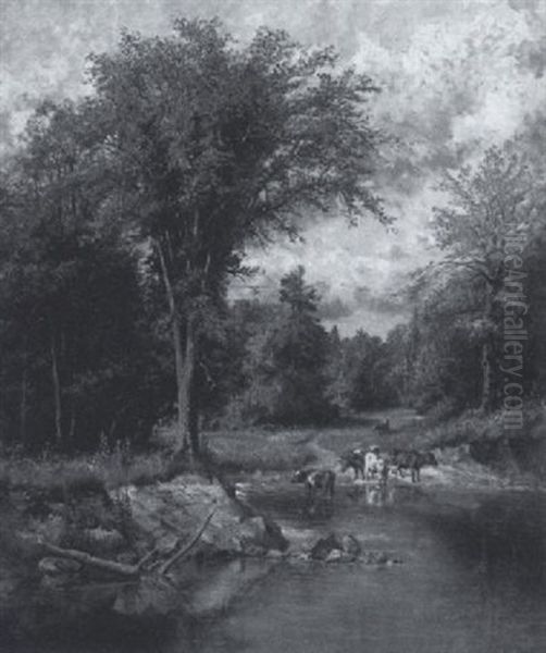 Cattle Watering In A Stream Oil Painting by Thomas Mower Martin