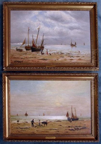 Fishing Boats Moored On A Beach With Figures And Animals Looking On (pair) Oil Painting by William Alexander Kennedy Martin